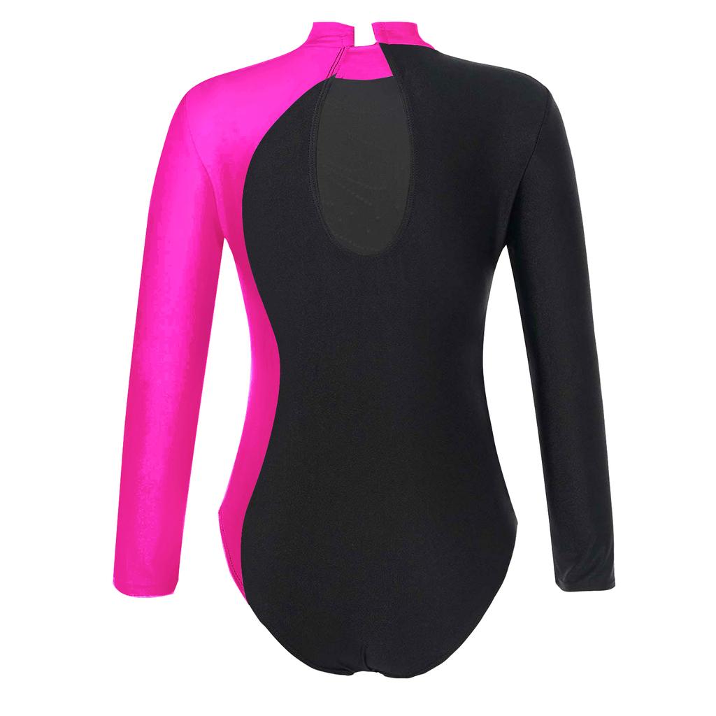 Girls Mock Neck Long Sleeve Ballet Leotard Shiny Faux Diamonds Adorned Keyhole Back Ice Skating Jumpsuit