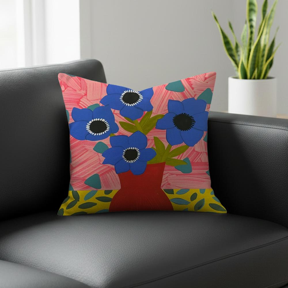 B-Blue Anemone Cushion Cover Natural Linen Pillowcase Set, All-In-One Decor For Sofa, Bedroom & Chair