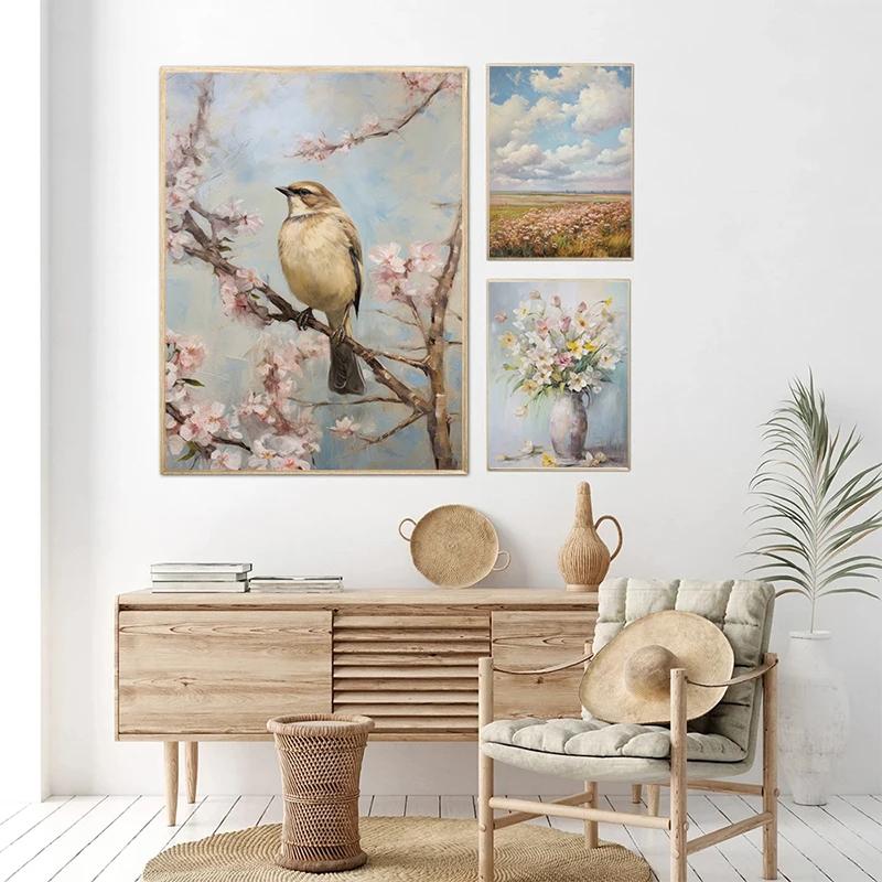 Весенний и Пасхальный Постер Весеннее Поле Диких Цветов Семейство Кроликов Город Город Пасхальный Кролик Холст Живопись Настенное Искусство Картина Домашний Декор