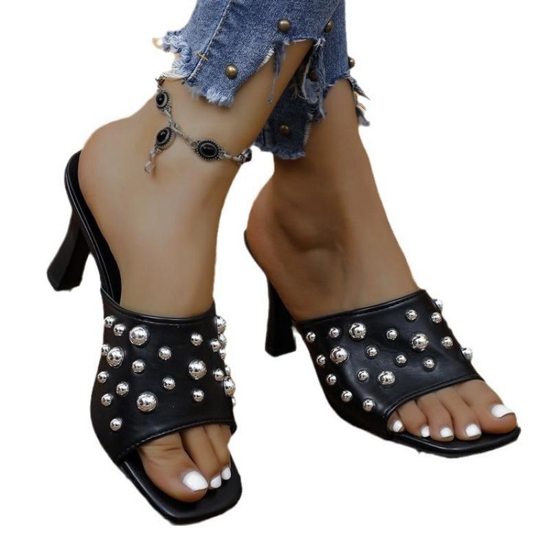 Cool Slippers Women's Fashion Slippers Rivet Open-toed Versatile Slippers Stiletto Slippers Women 43