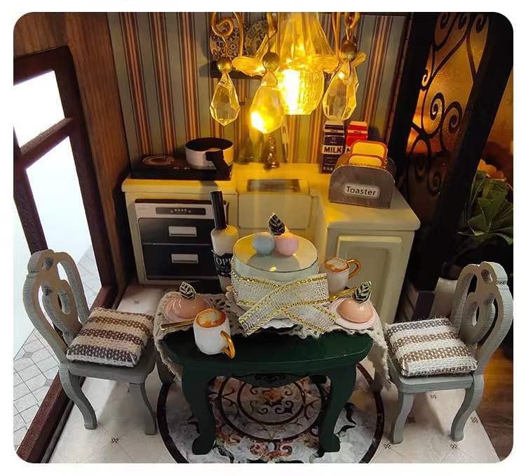 Blue Giraffe Miniature Dollhouse Retro DIY Wooden Perfect for Passing Diorama Includes LED Light and Dust Cover Kit, 3-Story Villa, Dollhouse, Time,