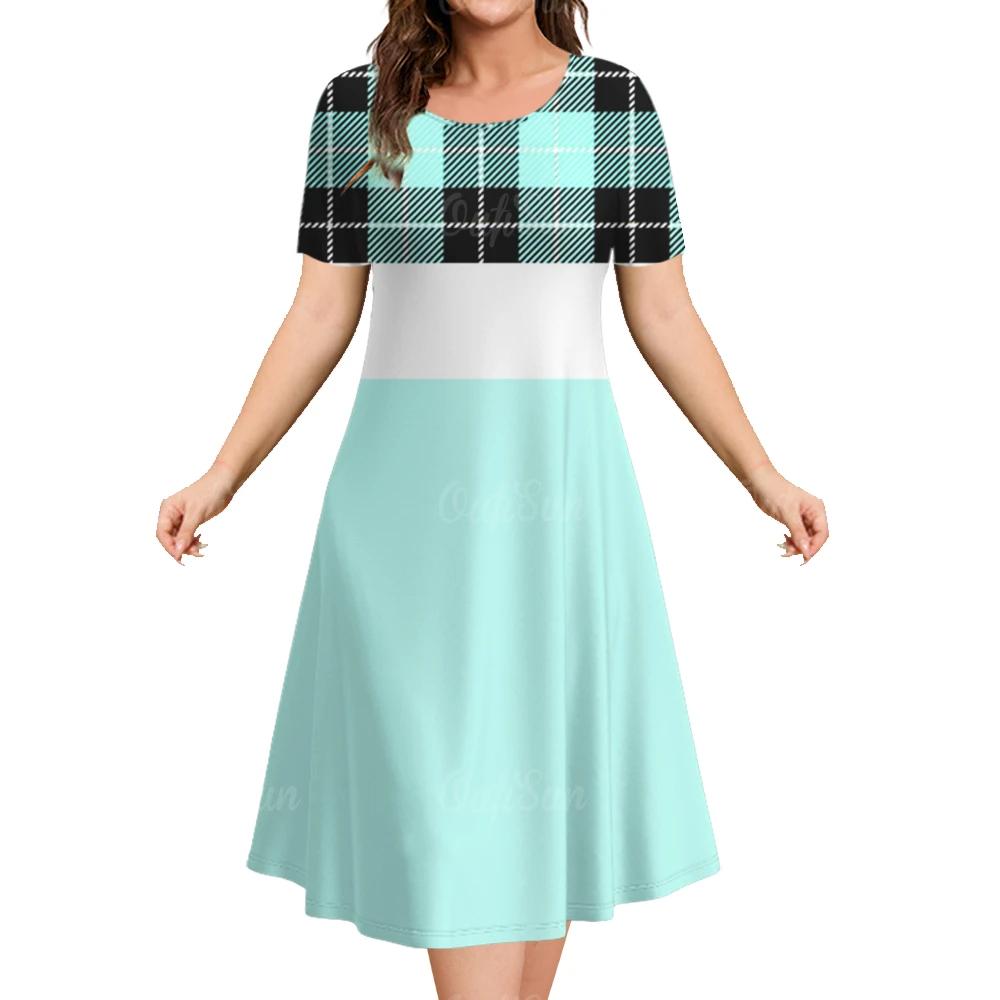 Летние платья для женщин Лоскутные принты Клетчатая одежда Столкновение цветов Вечернее платье Простой короткий рукав пуловер А-силуэт юбка
