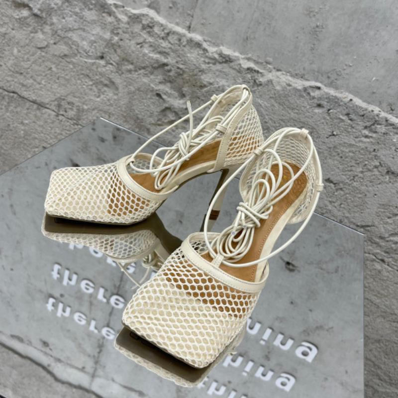 Women High Heels Mesh Sandals Pumps 2025 Summer Sexy Strappy Hollow Roman Shoes New Open Toe Sandals Size 35-43 Sandalias Mujer