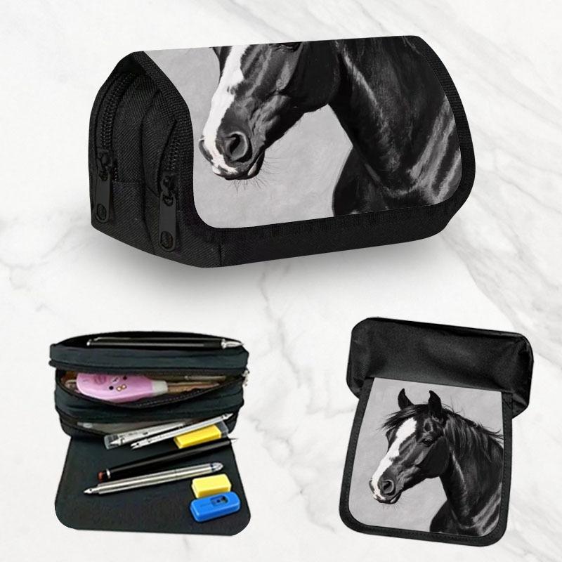 Black And White Horse Portrait - Pencil Case for School Large Capacity Pencil Pouch Aesthetic Pencil Box for Office Stationery Organizer Makeup Bag, S