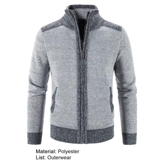 Plaid Lined Zipper Closure Male Sweater Coat Long Sleeve Patchwork Color Pockets Stand Collar Sweater Coat Men Knitwear