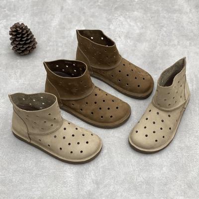 Женские летние ботинки из натуральной кожи, универсальные, с круглым носком, на плоской подошве, мягкие, из воловьей кожи, сандалии с отверстиями
