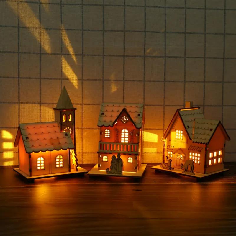 Festival Led Light Wood House Christmas Tree Decorations for Home Decoration Wooden House DIY Gift Window Decoration