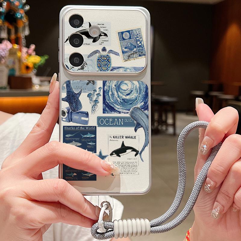 Кожаный чехол-шнурок с принтом 'Акула и Морская Рыба' для Samsung S26 S25 Ultra S24 S23 S22 Plus S21 FE A16 A17 A26 A36 A37 A54 A55 A56 A57 5G
