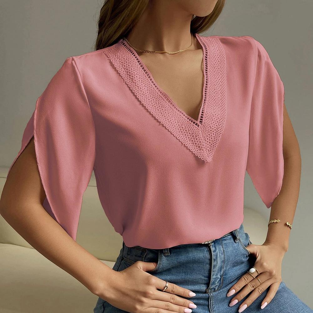 Весенне-летняя женская шифоновая рубашка с v-образным вырезом и однотонным верхом, шифоновая рубашка с коротким рукавом, блузки