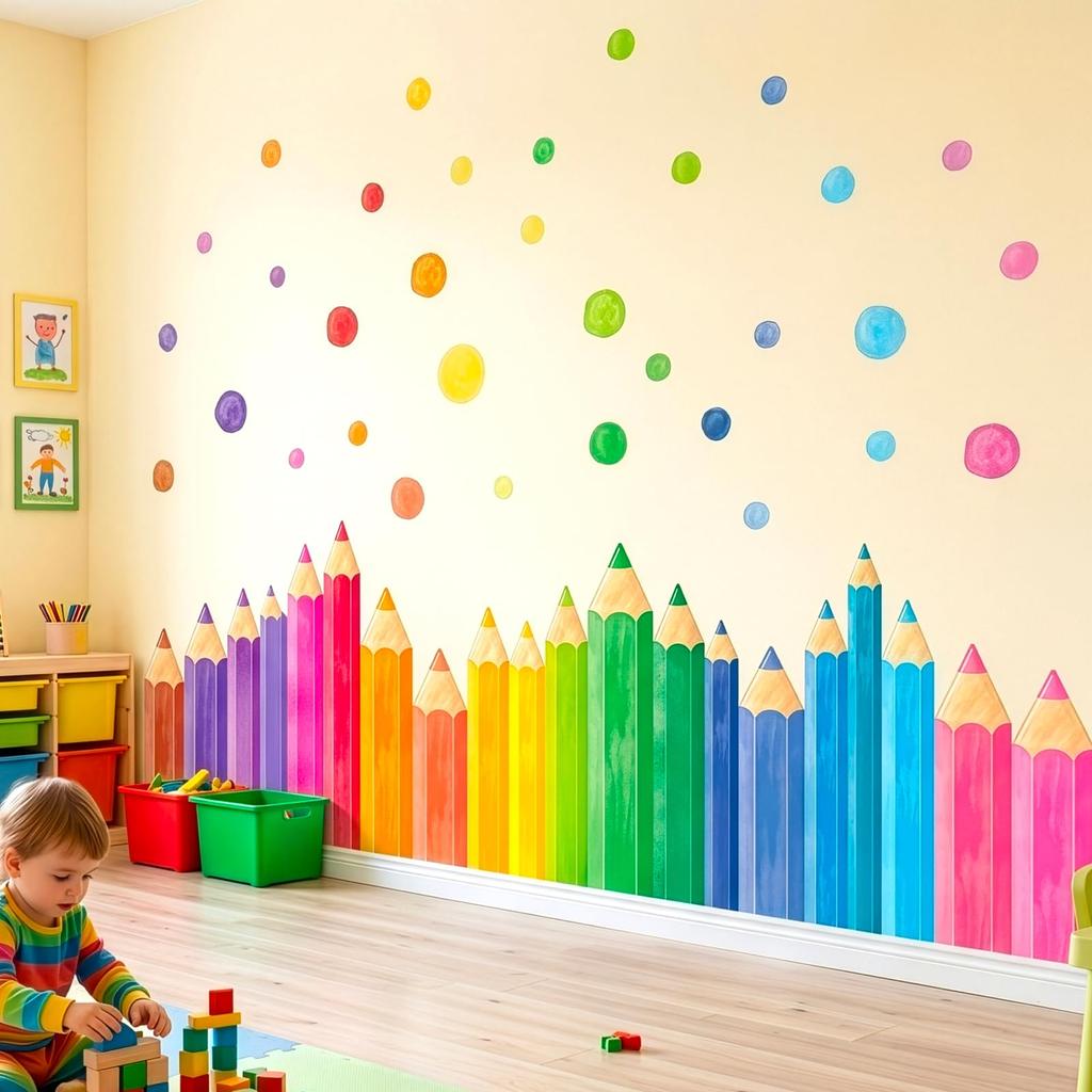 Decowall Очень большие цветные наклейки на стену в виде ручек-карандашей Огромная радужная граница в стиле восковых мелков для игровых комнат Съемный декор для самостоятельного оформления Идеально для и младенцев - Детский
