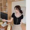 Футболка с коротким рукавом и кружевным бантом, лето 2024 г. - женский облегающий топ для студента
