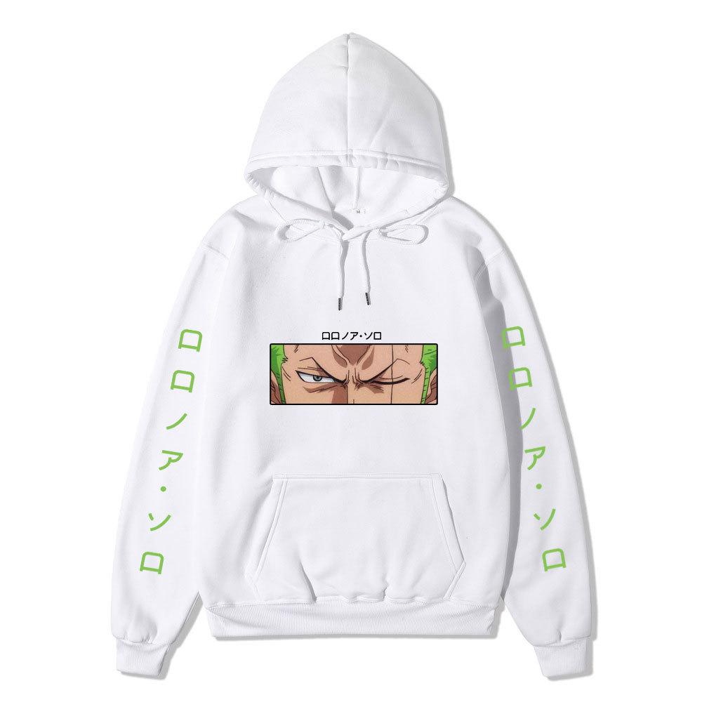One Piece Roronoa Zoro Hoodie, Double Side Sleeve Japanese Text Printed Pullover Hooded Sweatshirt Anime Long Sleeve Streetwear Hoodie