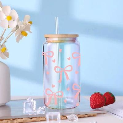 Водонепроницаемая УФ DTF наклейка-трансфер DIY, прозрачная гладкая наклейка-обертка, розовые наклейки-бантики для стакана 16 унций