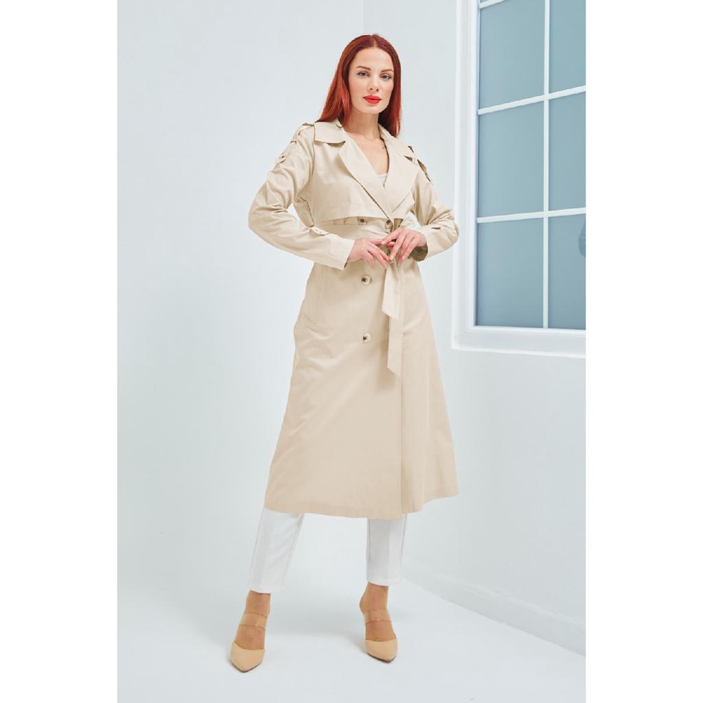 Waterproof Medium Length Unlined Cotton Double Breasted Trench Coat Beige 3440