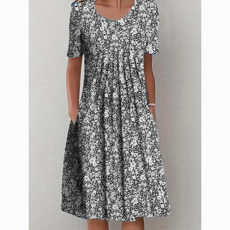 Весенне-летнее повседневное платье больших размеров с цветочным принтом для женщин, элегантное свободное длинное платье трапециевидной формы, женские платья с карманами и круглым вырезом 24063