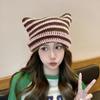 Winter Ladies Hat Kitty Head Contrast Color Striped Star Fur Ball Decor Demon Cap Windproof Elastic Anti-slip Warm Headwear