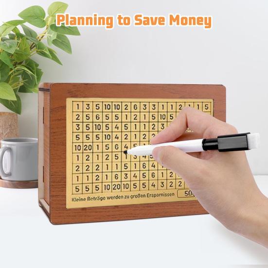 Wood Money Box with Target Number Sticker Marker Pen Large Capacity Piggy Bank Coin Cash Container Kids Adults Money Saving Challenge Case Jar