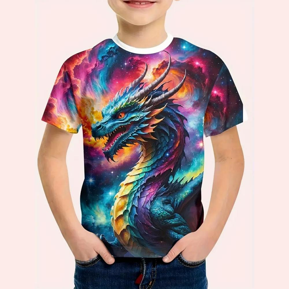 Summer Round Neck 3D Dragon Pattern Printed Top Fashionable Casual Short Sleeved Children's Boy T-shirts