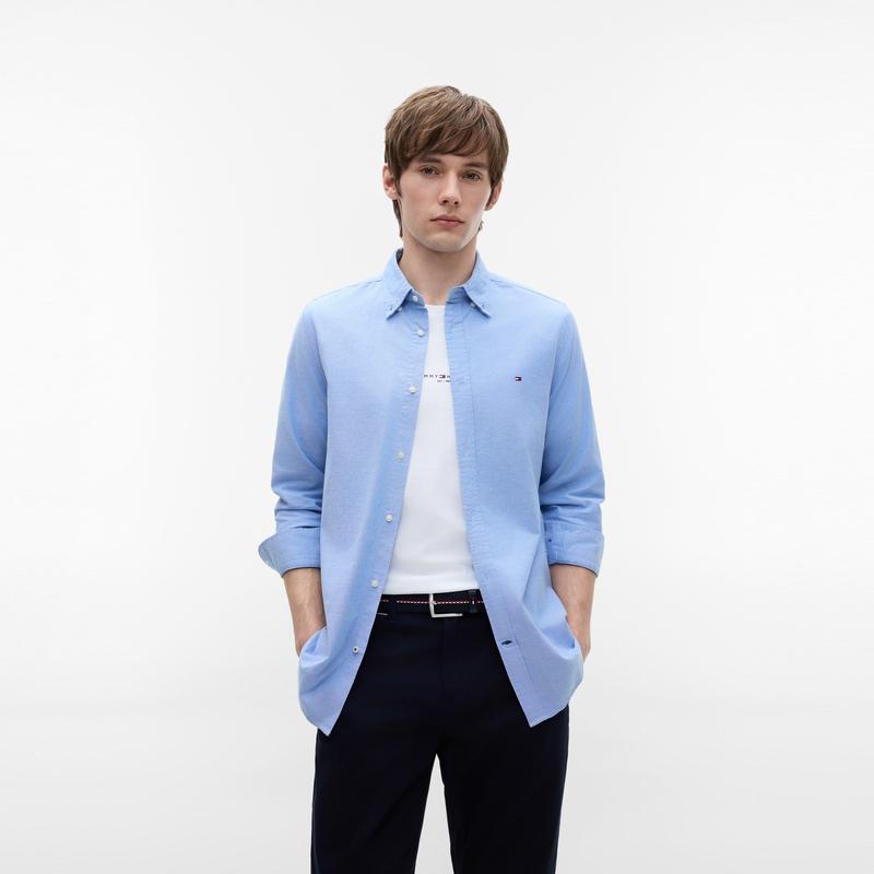 Tommy Hilfiger Мужская рубашка Oxford Business Casual Минималистичная Однотонная Приталенная С длинным рукавом Синяя XM0XM01120