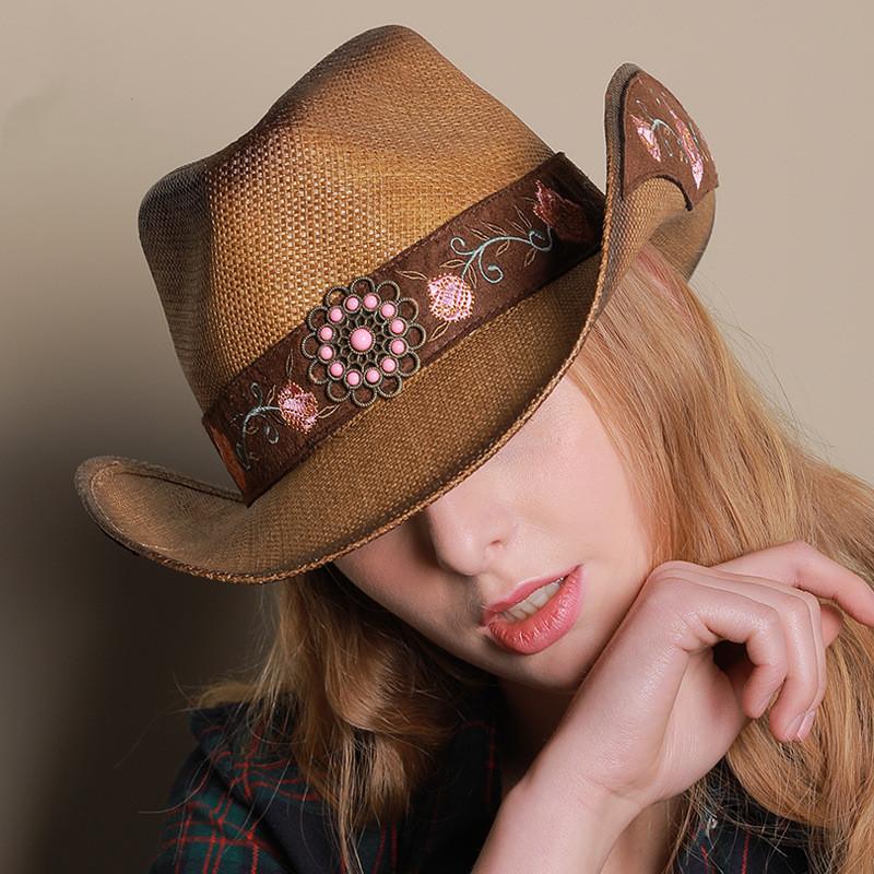 Three-dimensional Embroidery Handmade Straw Hat Western Cowboy Hat Men Cap Outdoor Women Hat Light Luxury