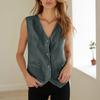 Ladies' Casual Solid-color Button-down Cotton And Linen Vest Sleeveless Cardigan