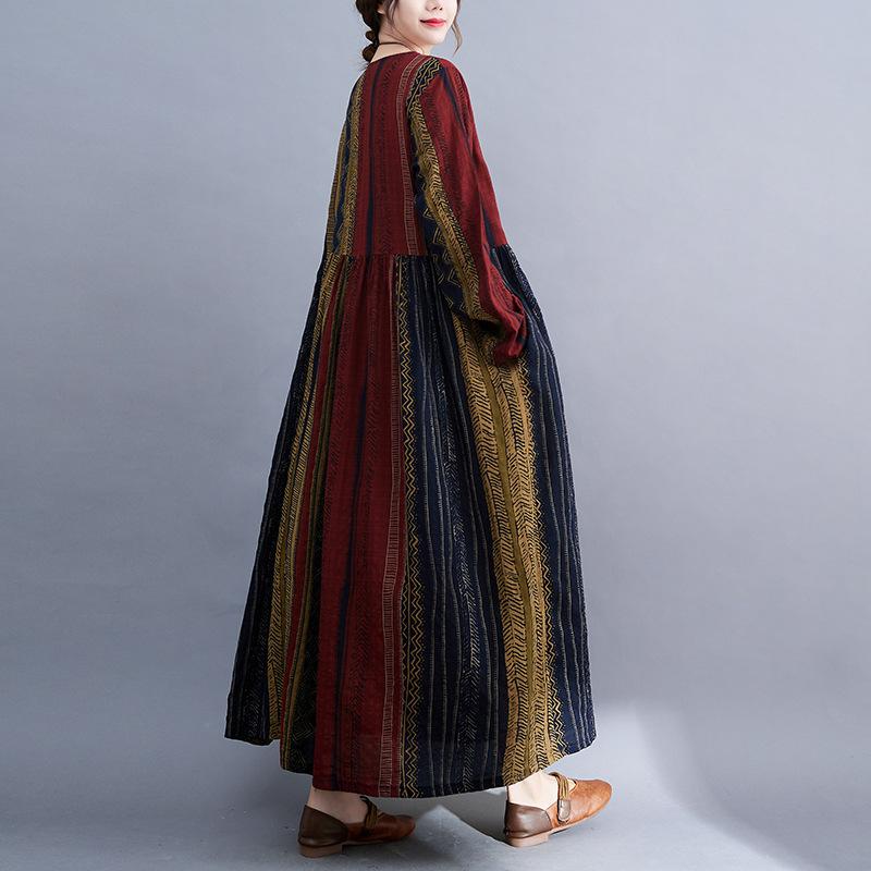 Женское весеннее ретро платье в полоску с длинным рукавом - этнический стиль, свободный дизайн с карманом и длинной юбкой