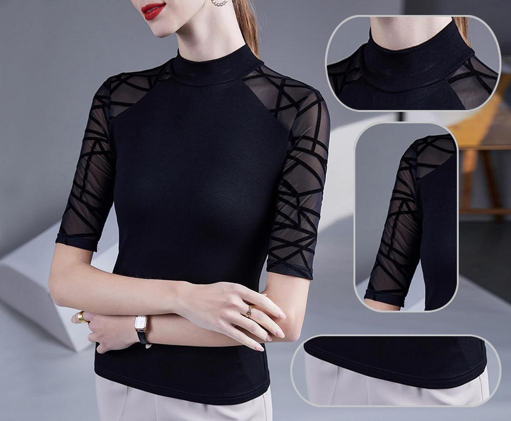 Yuoku Облегающий топ с прозрачными рукавами, высоким воротом, эластичный, элегантный, современный танцевальный, сетчатый, короткий, Идеально для и Другое Женский топ 5/8, Блузка, Рукав, Мягкий, Стройнящий,