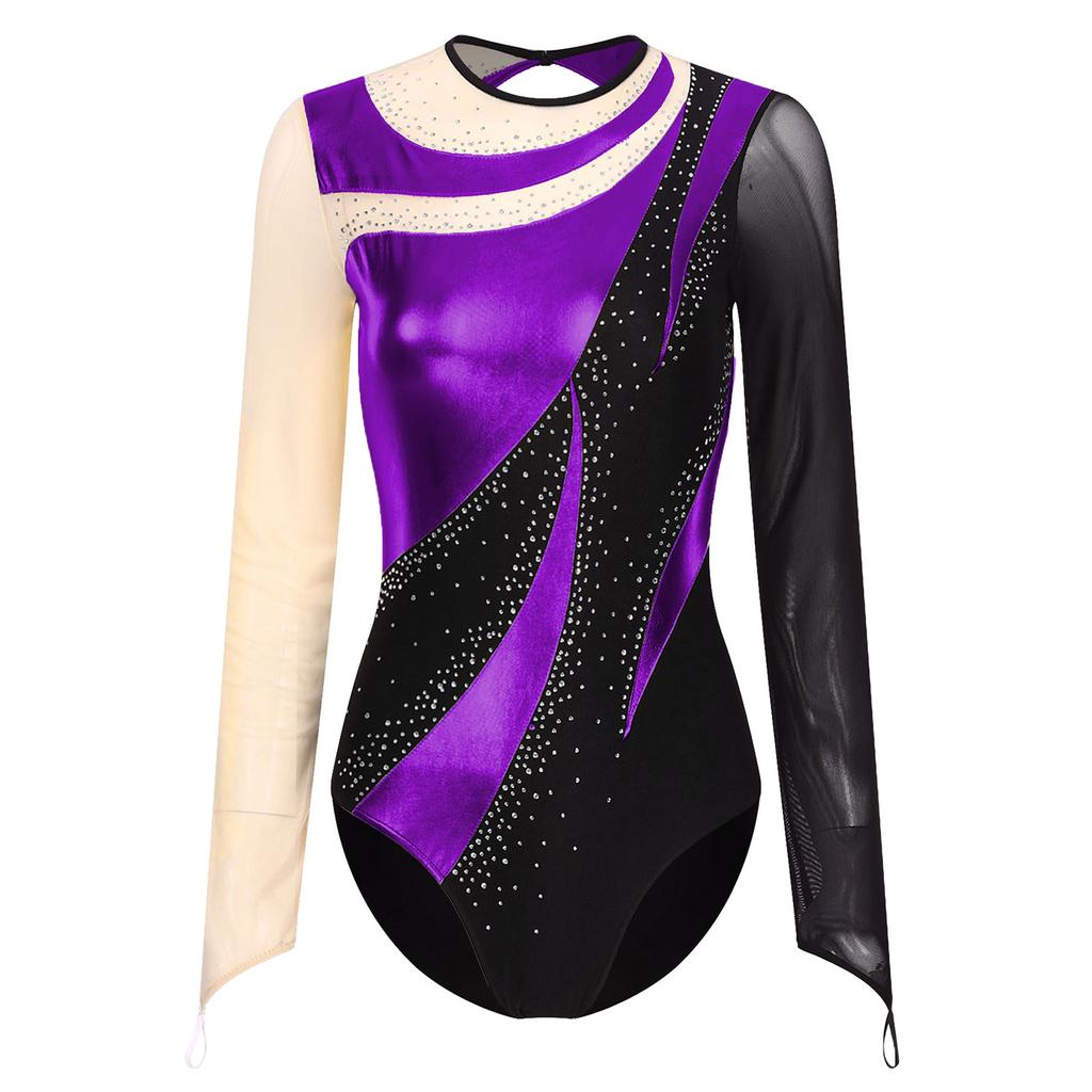 Womens Gymnastics Leotard Metallic Contrast Color Patchwork Sheer Mesh Long Sleeve Cutout Back Rhinestones Dancewear