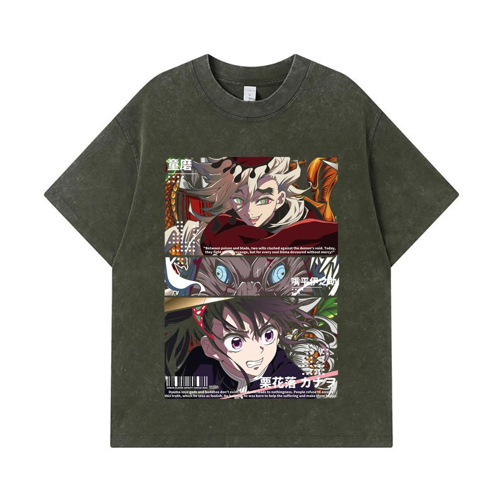 275 GSM Washed T-shirts 100% Cotton Demon Slayer V30 Kanao x Doma Print Unisex Heavy Cotton T Shirt