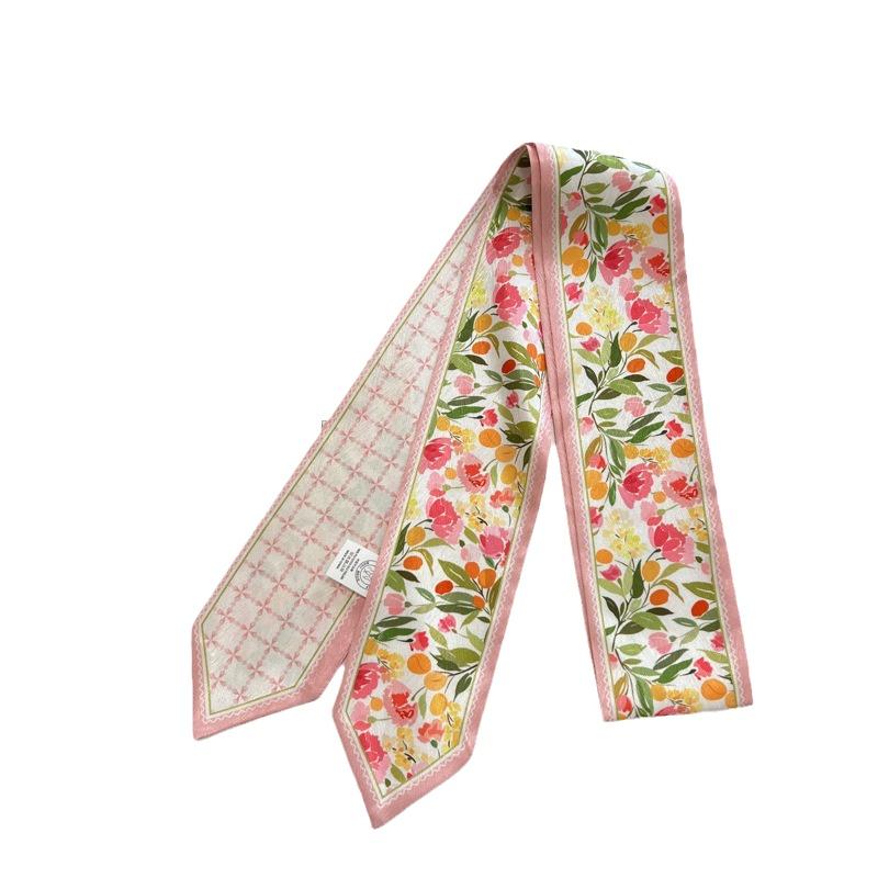 High-Grade Flower Print Long Silk Scarf Hair Band Ribbon Tied-up Hair Long Bow Vintage Satin Ribbon Hair Accessories For Women