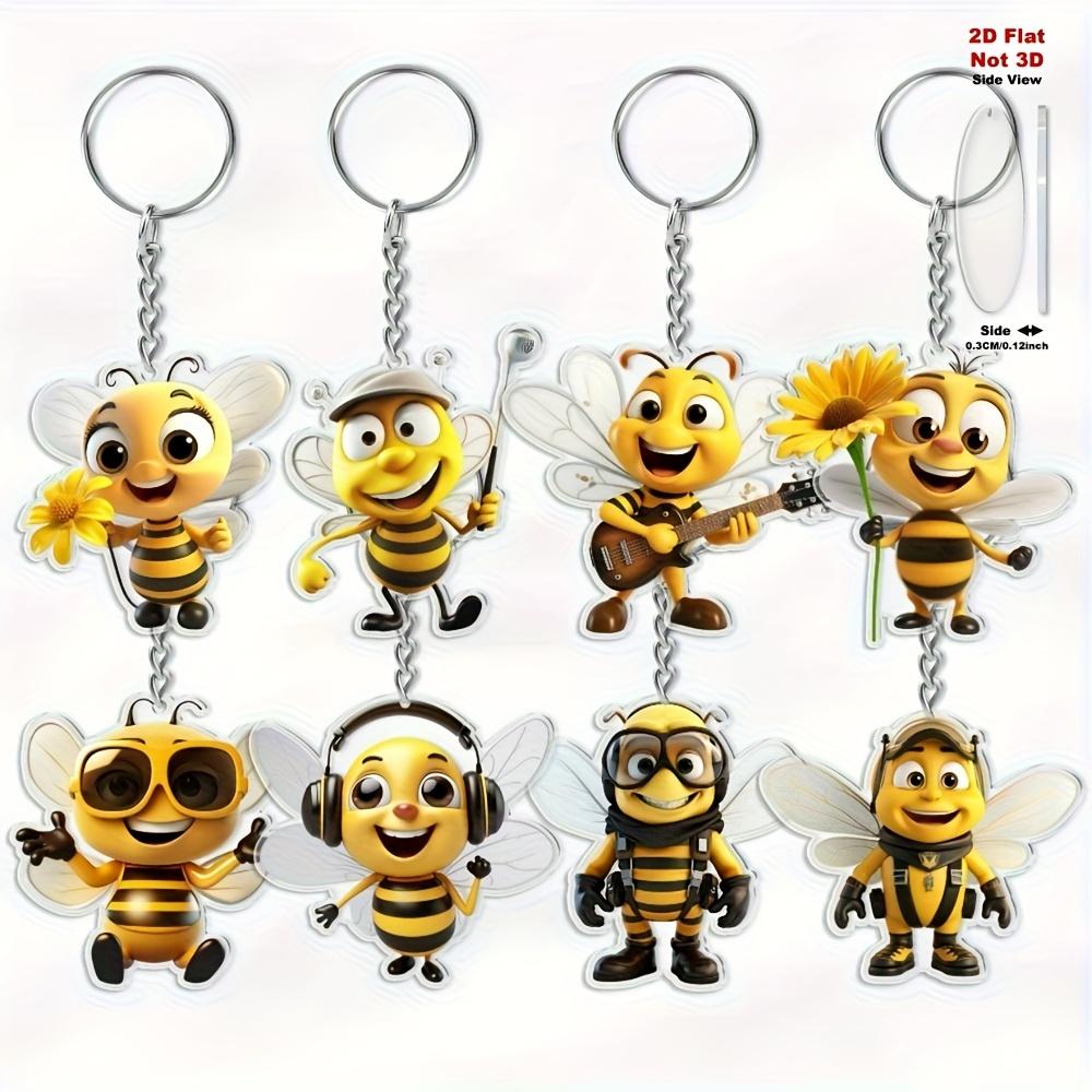 2D Flat 8-piece Bee Keychain, Cute Cartoon Bee Theme Keychain, Decorative Pendant.