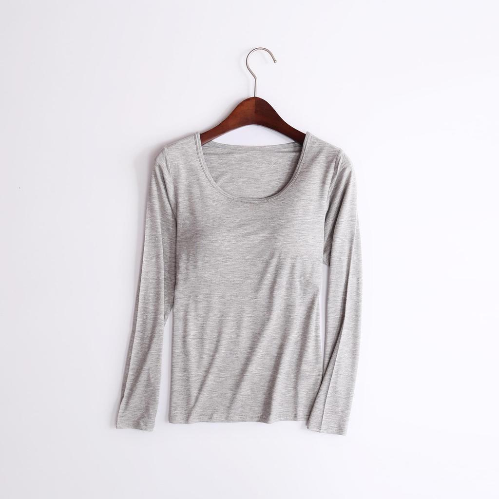 Женский однотонный топ с длинным рукавом и встроенной чашкой бюстгальтера – простой осенне-зимний стиль