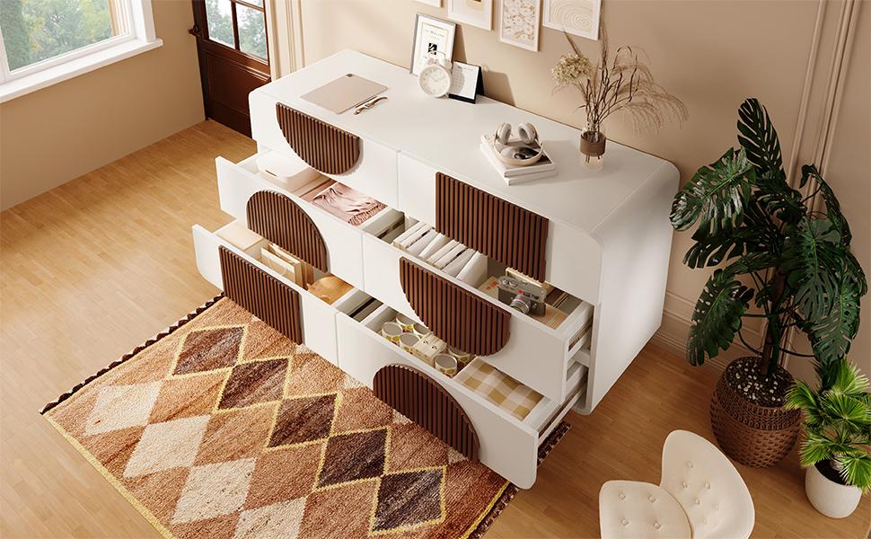 Chest of Drawers with 6 Drawers & Curved Design in White, Chocolate-Colored Wood Strips, Sliding Drawers & Anti-Tip Protection, 121x71x41 cm (W/H/D)