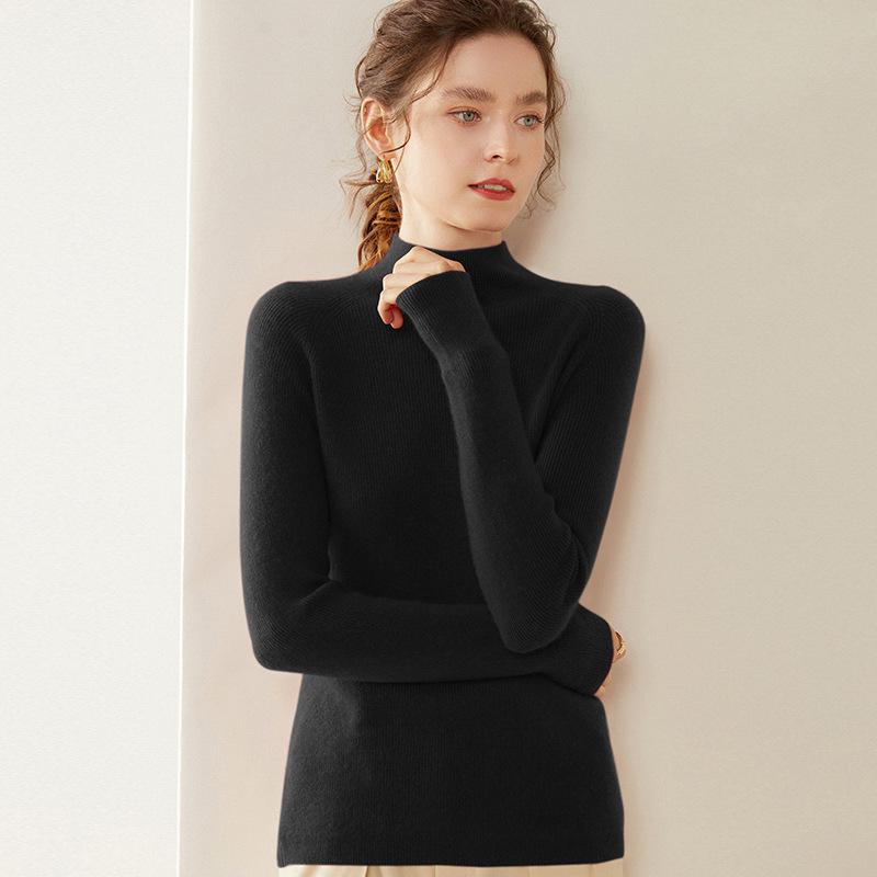Women's Ribbed Cashmere Half-High Neck Sweater, Slimming Pullover, Long Sleeve Base Layer, Warm Knit Underlayer.