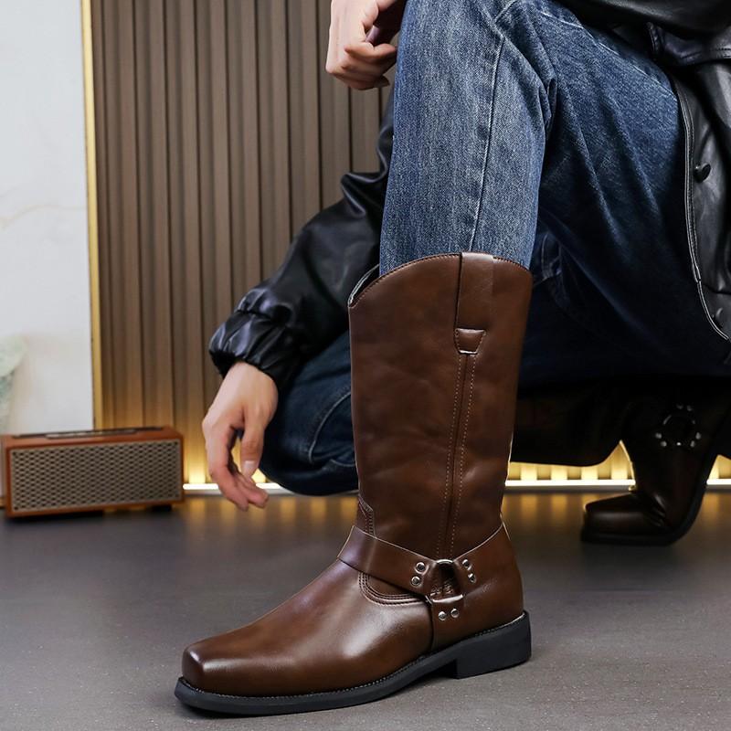 Mens Chunky Sole Leather Look Combat Boots High Top Retro Style Square Toe Mid-Calf Fashion Casual Streetwear