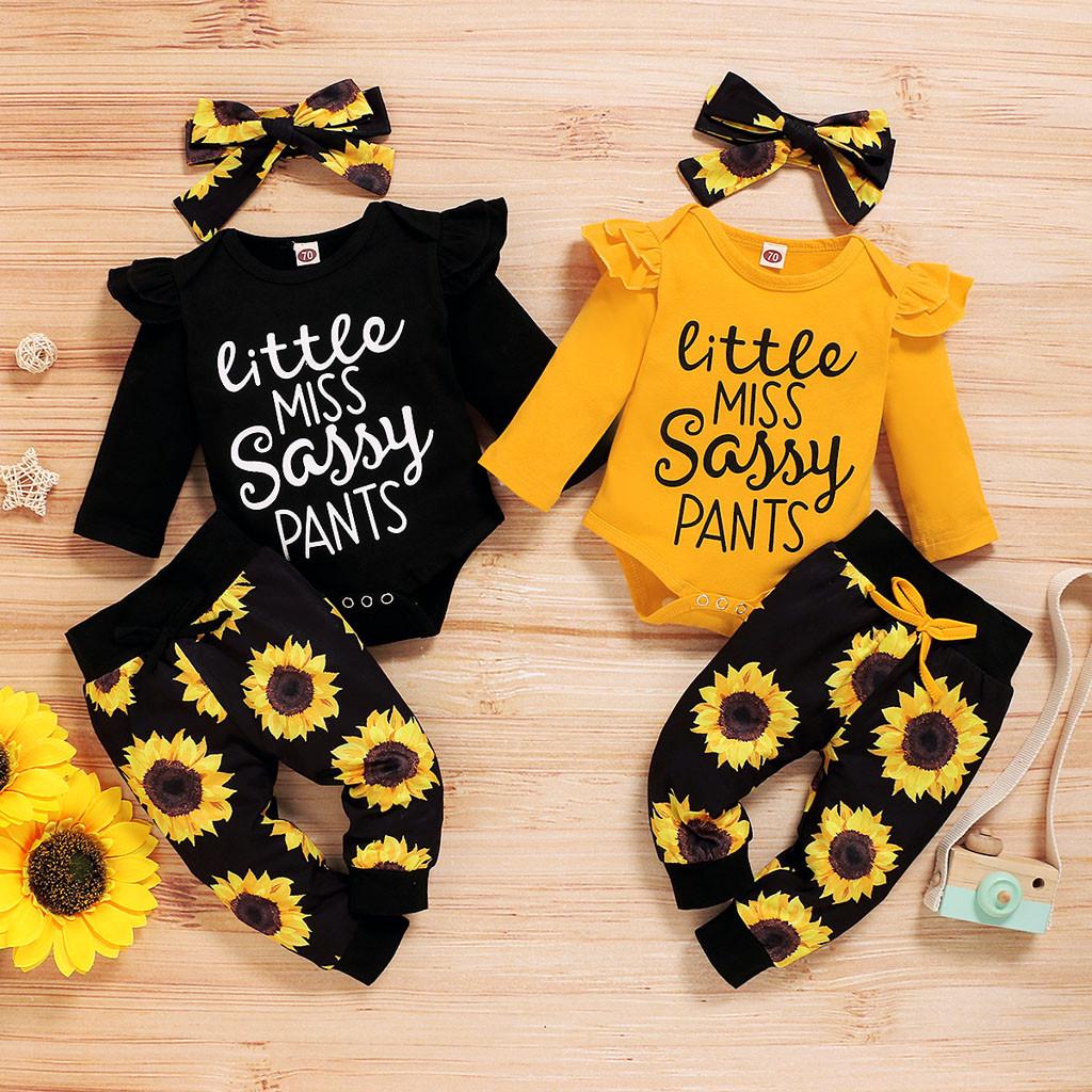 Infant Baby Girls Letter Romper Bodysuit+Sunflower Print Pants+Headband Outfits