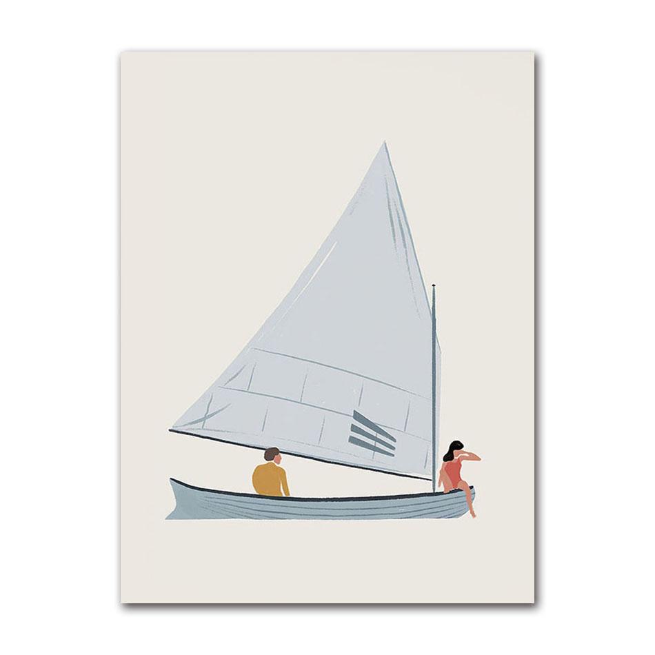 Minimalist Beach Ocean Floral Wall Art, Sailboat Canvas Painting, Pool Posters & Prints, Pictures for Living Room Decor