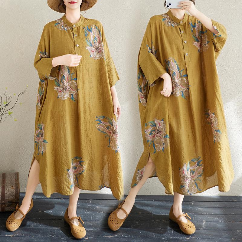 DIMANAF 2025 Новое Летнее Женское Льняное Винтажное Большого Размера Длинное Платье с Принтом Повседневное Цветочное Свободное Платье Макси