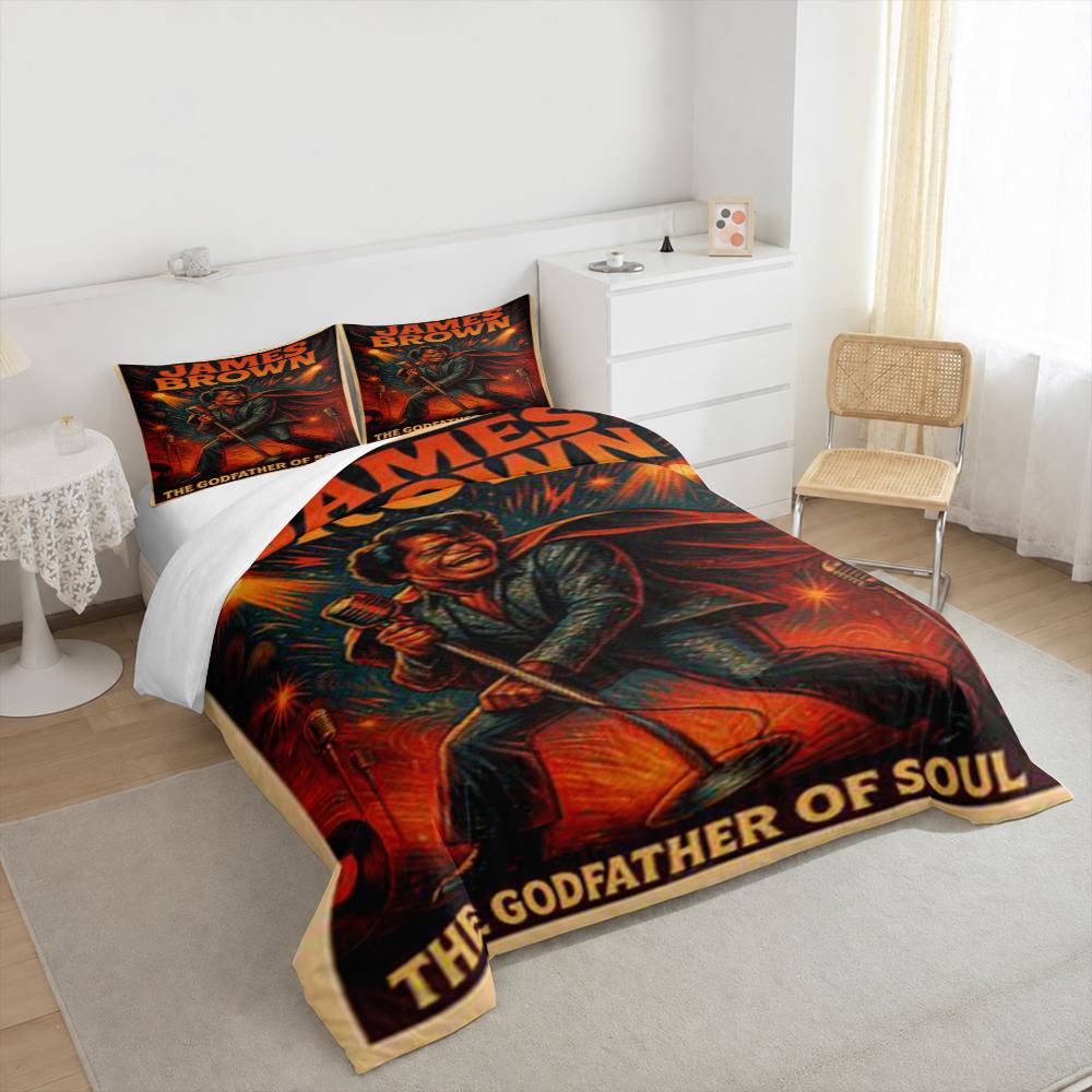 3 Piece Bedding Set with Duvet Cover and 2 Pillowcases - James Brown Godfather of Soul Poster Print - Red Retro Music Decor