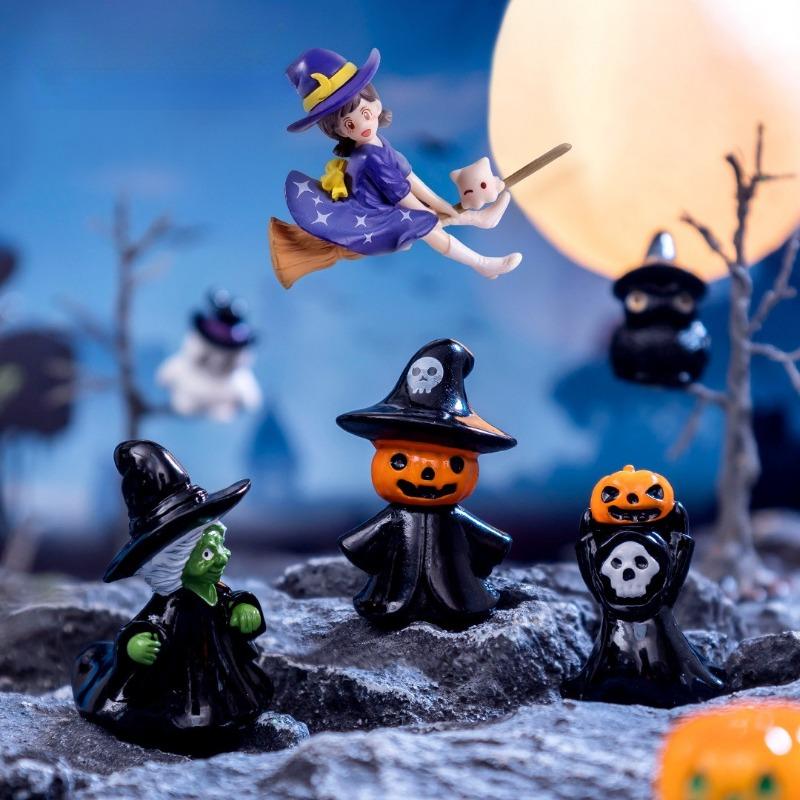 Mini Halloween Ornament Cartoon Witch Ghost Pumpkin Figurine Micro Landscape Dollhouse Model Car Interior Desktop Decorations