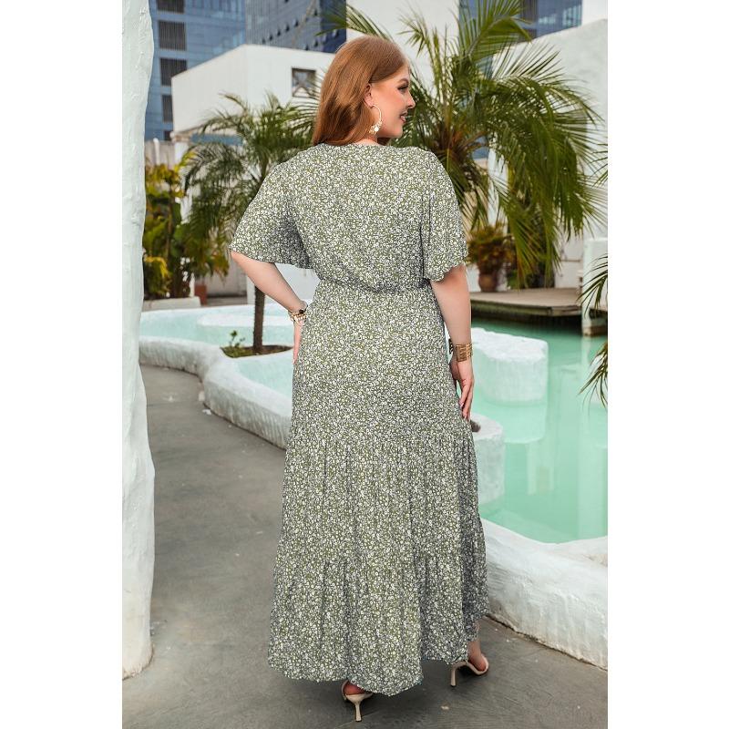 Новое повседневное платье для отпуска с цветочным принтом, круглым вырезом, коротким рукавом, миди-платьями