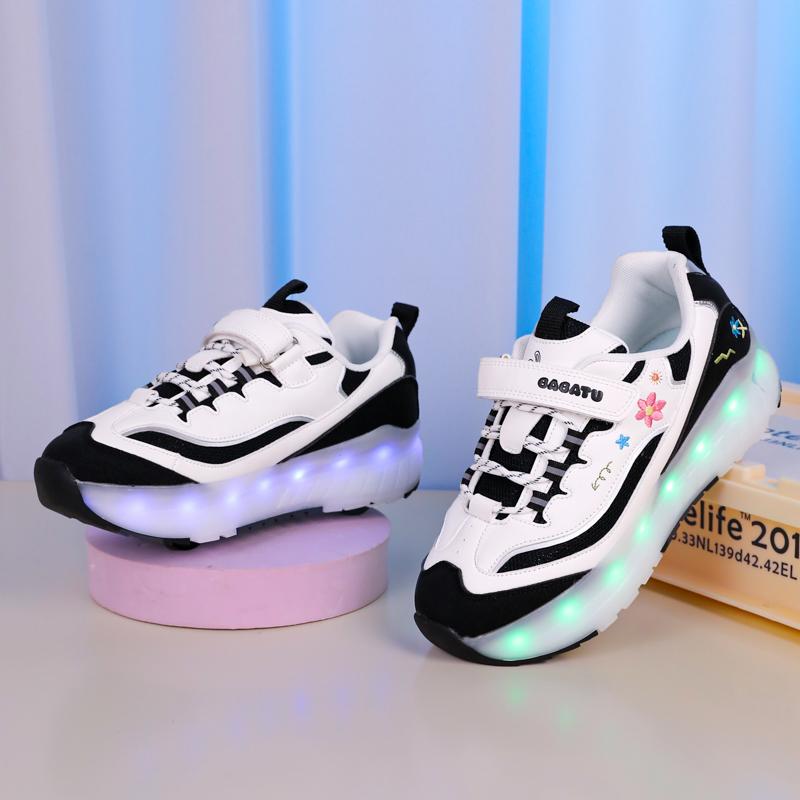 Детские четырехколесные съемные плоские спортивные туфли перезаряжаемые светодиодные светящиеся спортивные туфли четырехколесные роликовые коньки