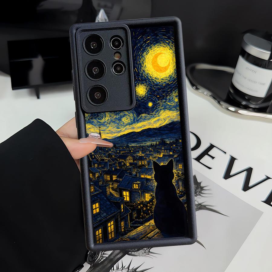 Черный Чехол-Бампер 'Ночная Звезда Кошка' для Samsung Galaxy S26 Ultra S25 S23 FE S22 S25 Edge S21 S24Ultra S20FE S24 Plus