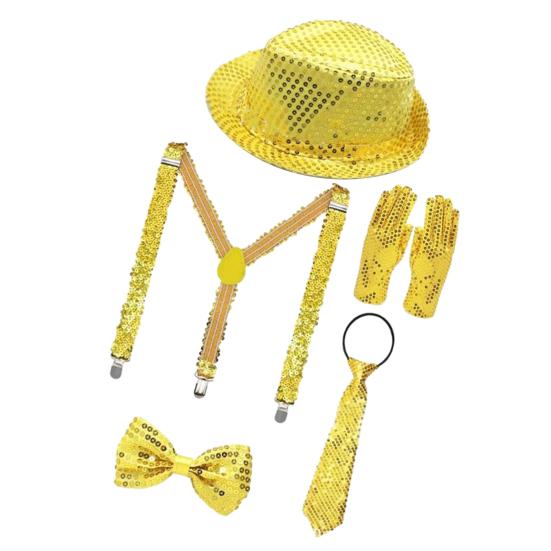 5 шт./компл. Диско-аксессуары 80-х 90-х для мужчин и женщин: шляпа с пайетками, ремень-портупея, перчатки, галстук-бабочка, галстук. Набор диско-костюма для карнавала, маскарада, Хэллоуина