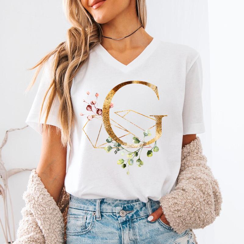 Pink Flower Letters Az Print Tshirt 26 Alphabet Unisexs Vneck Tshirt Flower Letter A B C D Short Sleeve Female Tees Tops