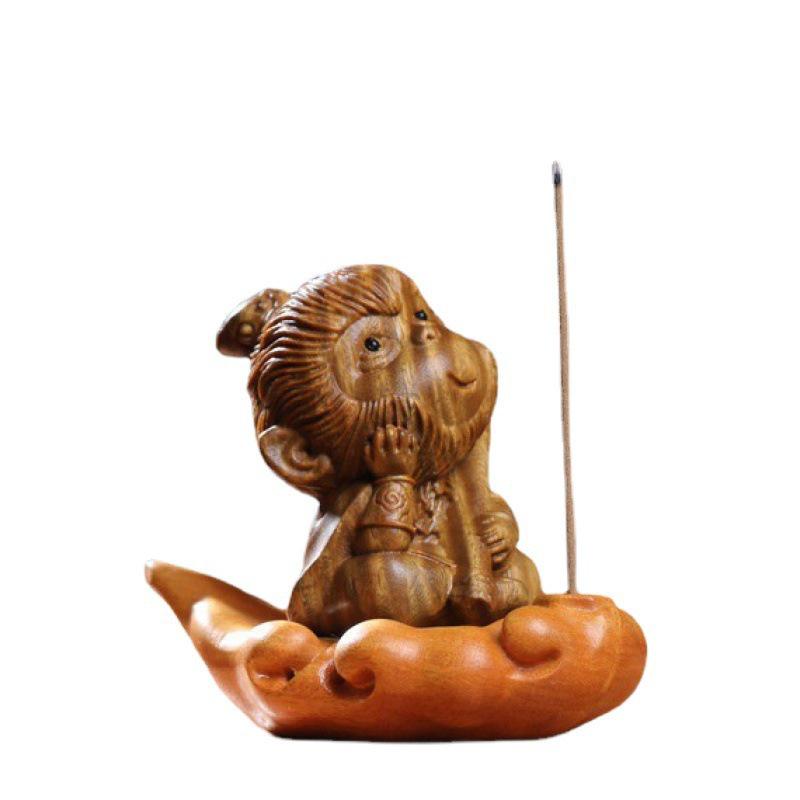 Green Sandalwood Monkey King Incense Holder with Base - Creative Zen Tea Pet Ornament for Desktop and Office.