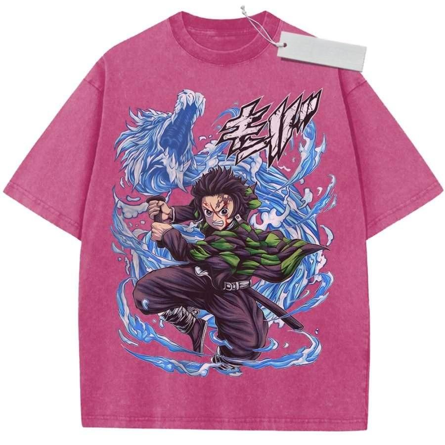 Summer Mens Black Washed T Shirt Demon Slayer Tanjiro Blue Wolf Water Breathing High Quality Fabric for Casual