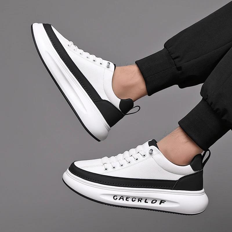 Кожаная Модная Мужская Обувь Толстая Подошва Мужская Повседневная Обувь Роскошный Бренд Мужские Удобные Кроссовки для Отдыха Новая Мужская Обувь на Шнуровке