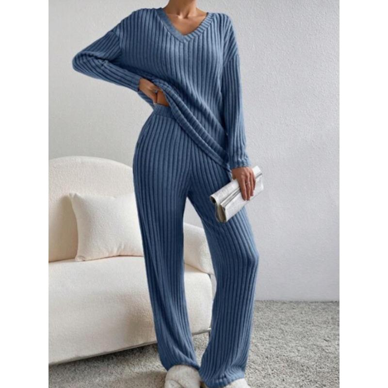 Осенняя Мода Повседневные Брюки Прямого Кроя с Свободным V-образным Вырезом и Трикотажные Женские Комплекты-двойки с Рубчиком