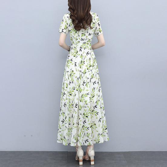 Women's Floral Print Maxi Dress Summer V Neck Short Sleeve Long Dress Casual Swing A-line Beach Sundress